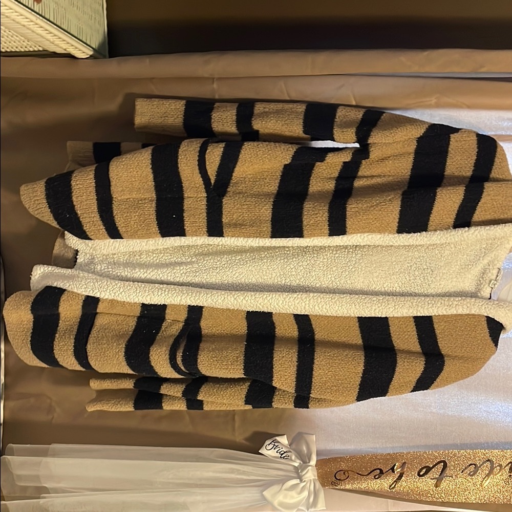 Striped Tan and Black Hooded Fleece Jacket